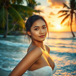 Photorealistic image of a beautiful Filipina woman in an elegant pose, highlighting her natural grace and beauty