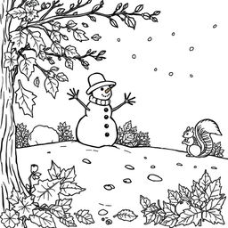 Black and white coloring book images capturing the essence of fall and introducing elements of winter