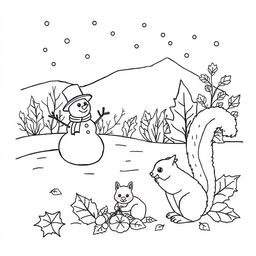 Black and white coloring book images capturing the essence of fall and introducing elements of winter