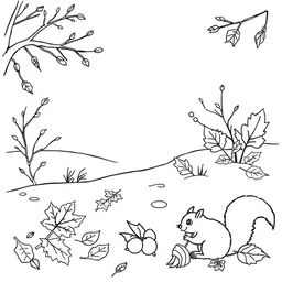 Black and white coloring book images capturing the essence of fall and introducing elements of winter