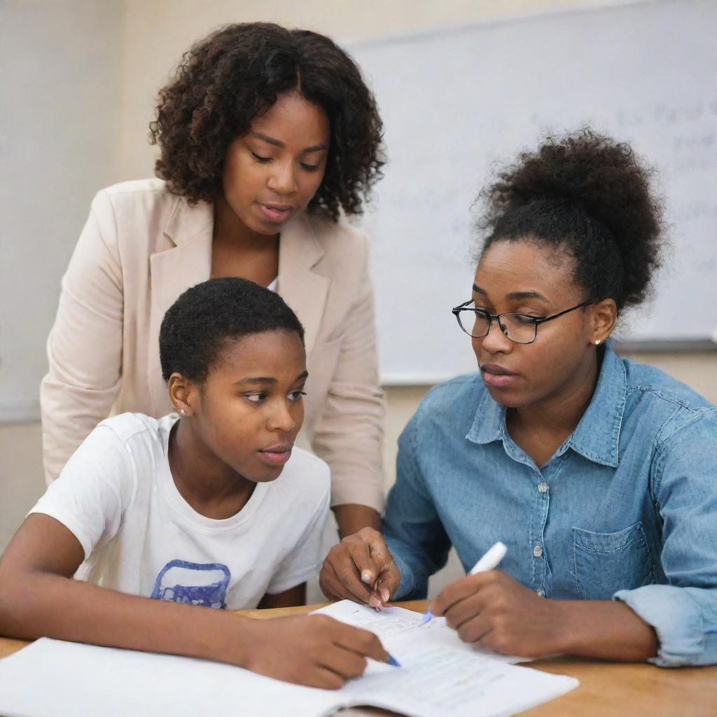 A Black American private home tutor helping a student with their studies. The tutor is sitting at a desk littered with books and papers while explaining a complex concept on a whiteboard behind them.