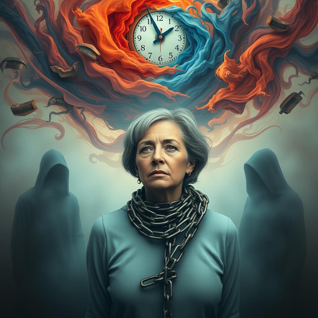 A surreal representation of emotional dependence, depicting a person wrapped in chains connecting them to the hands of a clock, symbolizing being trapped in time