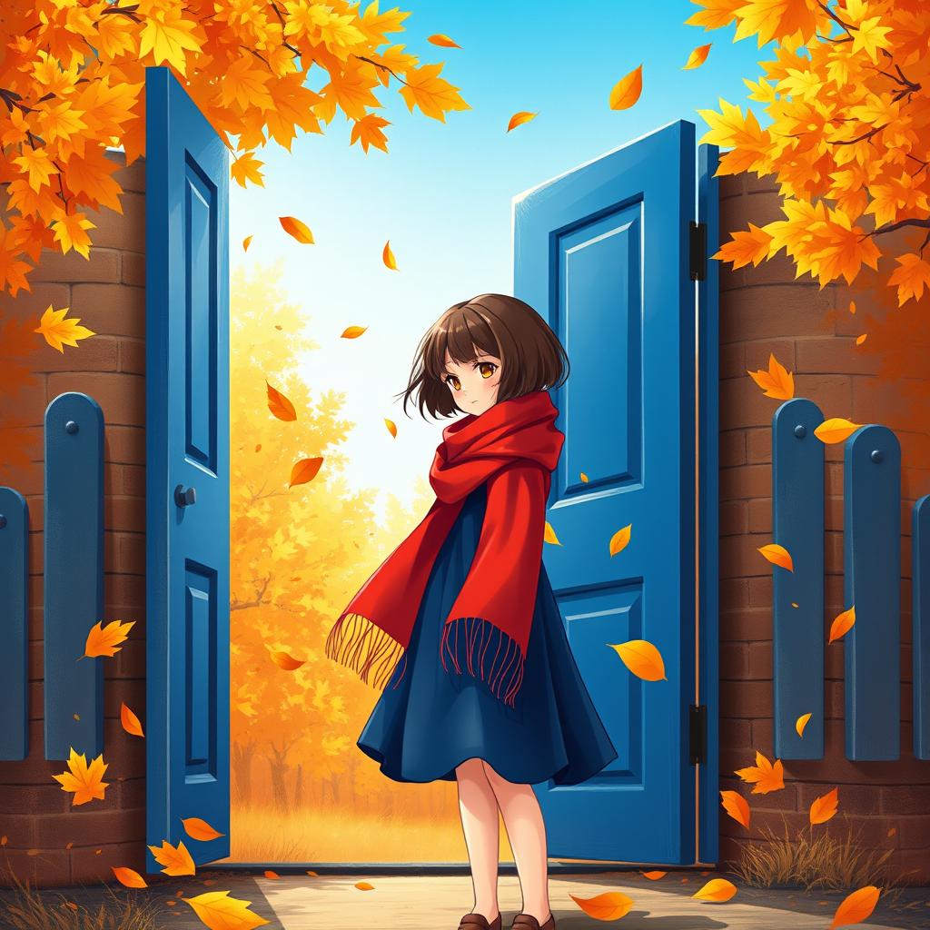 A book cover featuring a short-haired brunette girl wearing a red scarf and a blue dress