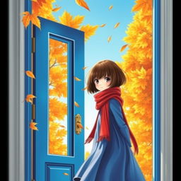 A book cover featuring a short-haired brunette girl wearing a red scarf and a blue dress