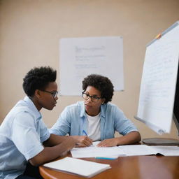 A Black American private home tutor helping a student with their studies. The tutor is sitting at a desk littered with books and papers while explaining a complex concept on a whiteboard behind them.