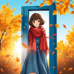 A book cover featuring a short-haired brunette girl wearing a red scarf and a blue dress