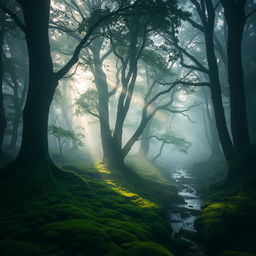 A mysterious, misty forest at dawn, with a mystical ambiance