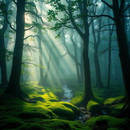 A mysterious, misty forest at dawn, with a mystical ambiance