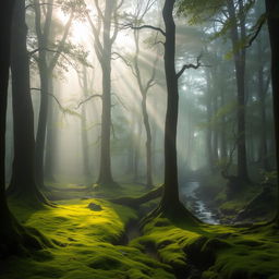 A mysterious, misty forest at dawn, with a mystical ambiance