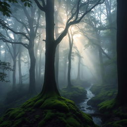 A mysterious, misty forest at dawn, with a mystical ambiance