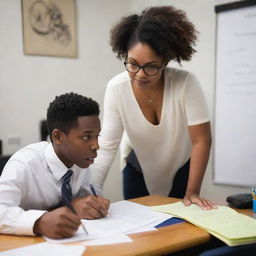 A Black American private home tutor helping a student with their studies. The tutor is sitting at a desk littered with books and papers while explaining a complex concept on a whiteboard behind them.