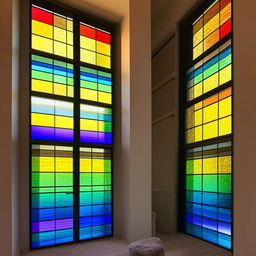 A two-story lofted walk-in closet with beautiful stained glass windows casting rainbow hues around the room.