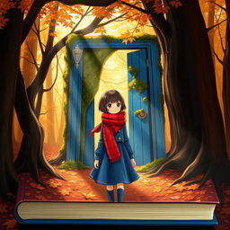 A book cover featuring a short-haired brunette girl wearing a red scarf and a blue dress