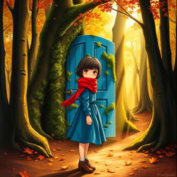 A book cover featuring a short-haired brunette girl wearing a red scarf and a blue dress