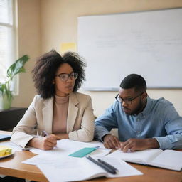 A Black American private home tutor helping a student with their studies. The tutor is sitting at a desk littered with books and papers while explaining a complex concept on a whiteboard behind them.