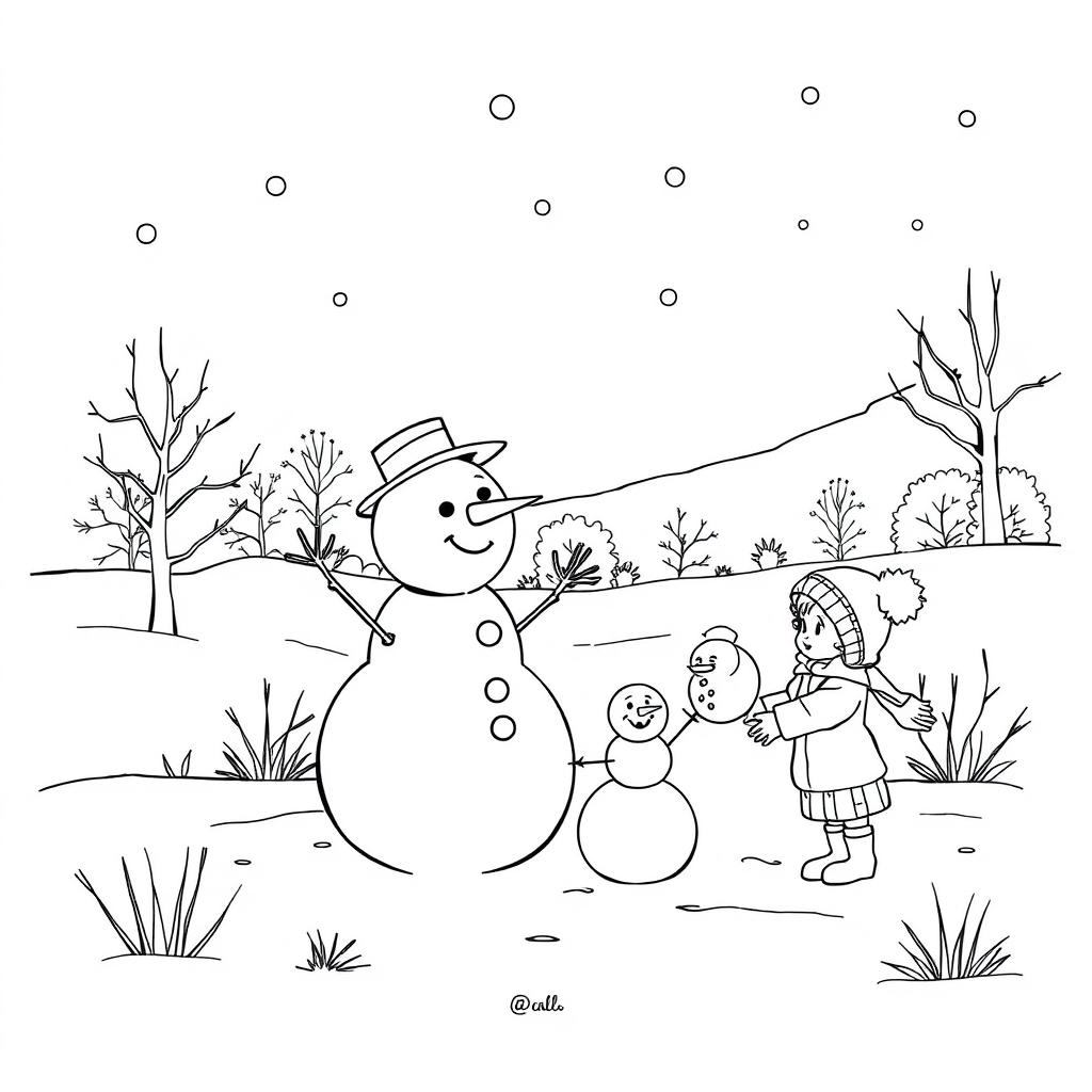 Black and white coloring book images capturing the transition from fall to winter