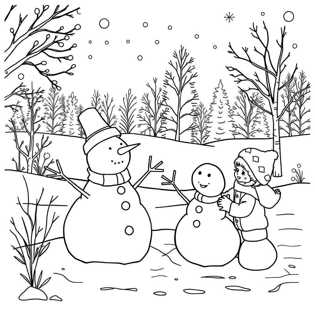 Black and white coloring book images capturing the transition from fall to winter