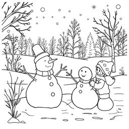 Black and white coloring book images capturing the transition from fall to winter