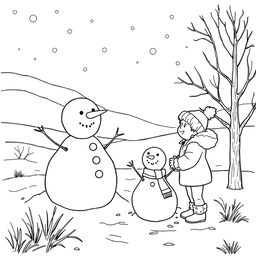 Black and white coloring book images capturing the transition from fall to winter