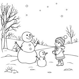 Black and white coloring book images capturing the transition from fall to winter