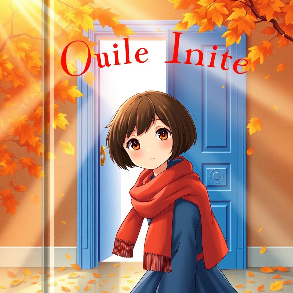 A book cover featuring a short-haired brunette girl wearing a red scarf and a blue dress