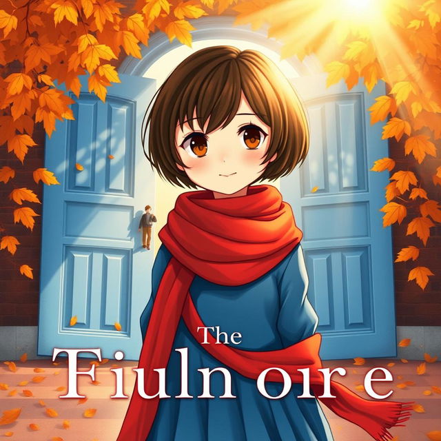 A book cover featuring a short-haired brunette girl wearing a red scarf and a blue dress