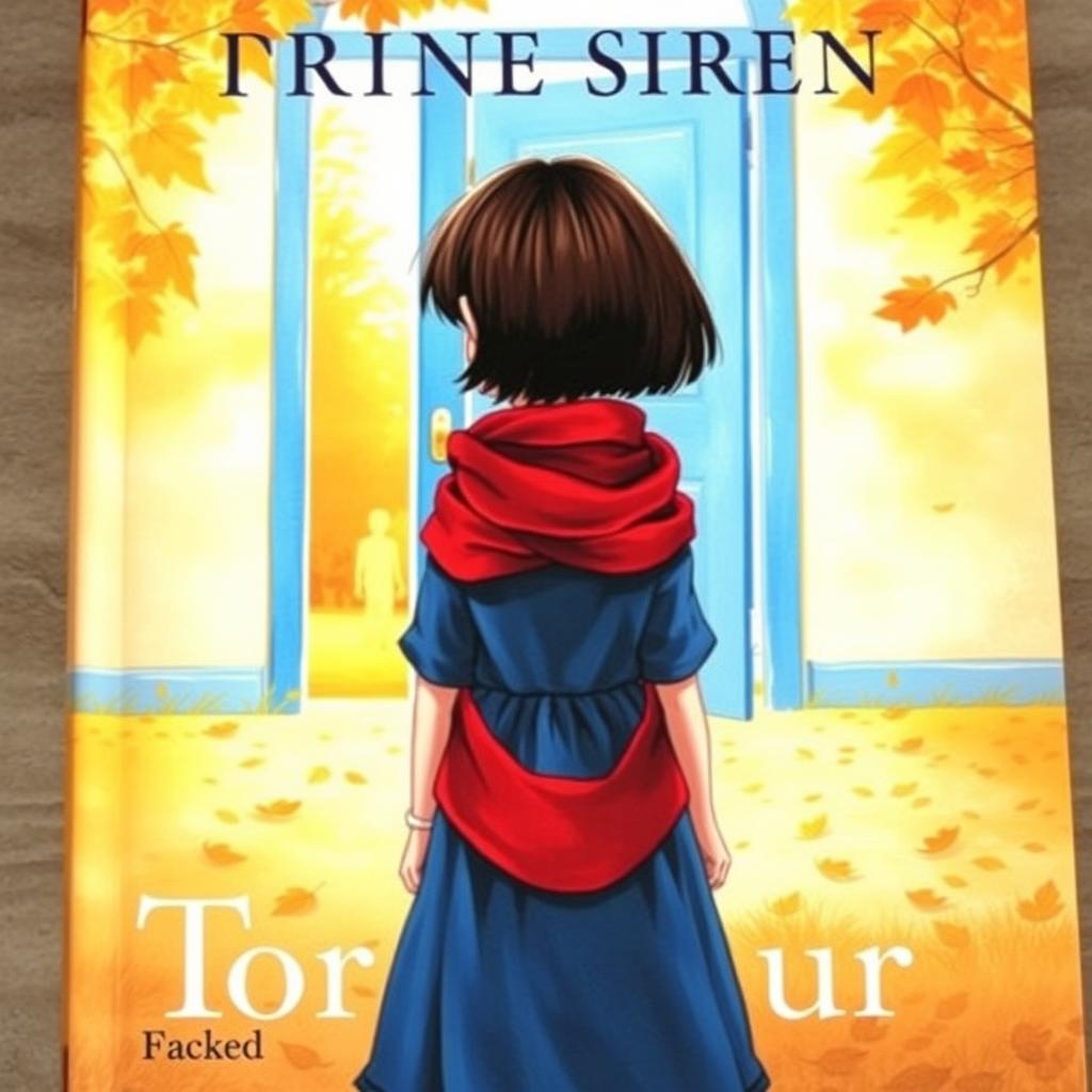 A book cover featuring a short-haired brunette girl wearing a red scarf and a blue dress