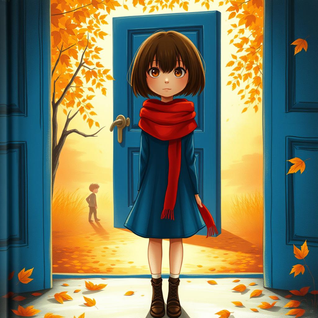 A book cover featuring a short-haired brunette girl wearing a red scarf and a blue dress