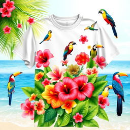 A designed t-shirt featuring a vibrant tropical theme