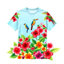 A designed t-shirt featuring a vibrant tropical theme