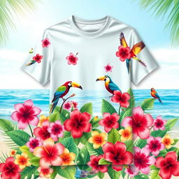 A designed t-shirt featuring a vibrant tropical theme