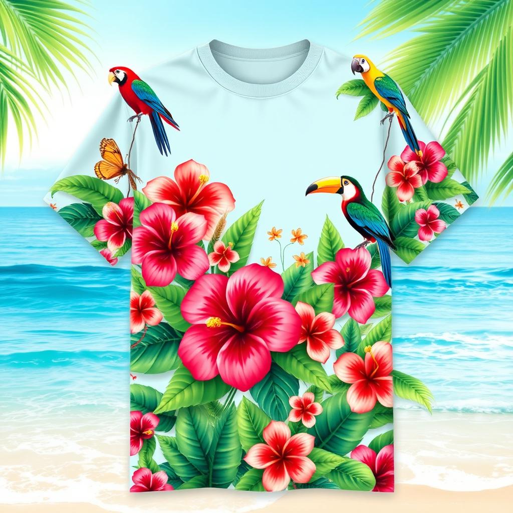 A designed t-shirt featuring a vibrant tropical theme