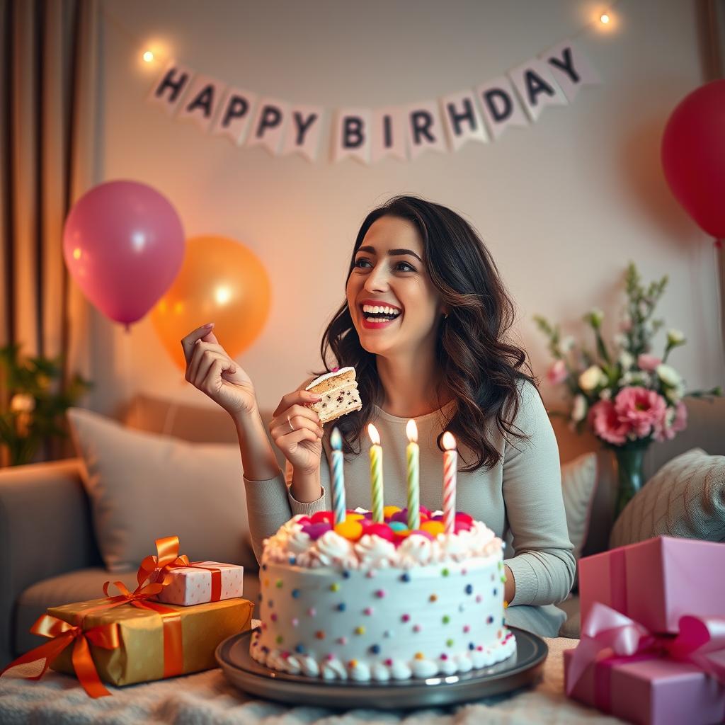 Photorealistic image of a joyful woman celebrating her birthday in a cozy living room setting