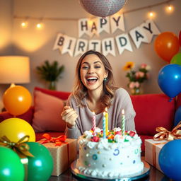 Photorealistic image of a joyful woman celebrating her birthday in a cozy living room setting