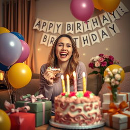 Photorealistic image of a joyful woman celebrating her birthday in a cozy living room setting