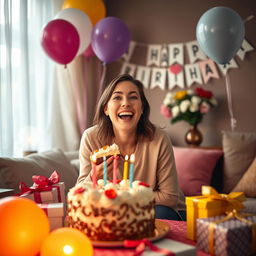 Photorealistic image of a joyful woman celebrating her birthday in a cozy living room setting