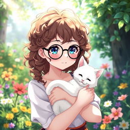 anime girl with curly brown hair wearing black round glasses, holding a white cat in her arms, set in a serene and tranquil environment, with an enchanting expression on her face, surrounded by a whimsical garden with vibrant flowers and soft sunlight filtering through the leaves