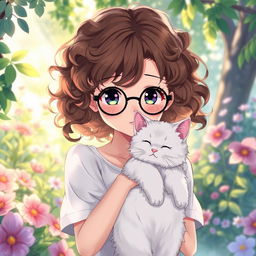 anime girl with curly brown hair wearing black round glasses, holding a white cat in her arms, set in a serene and tranquil environment, with an enchanting expression on her face, surrounded by a whimsical garden with vibrant flowers and soft sunlight filtering through the leaves