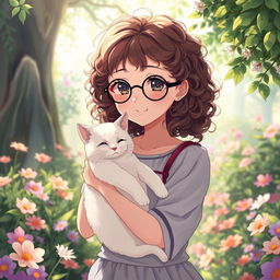 anime girl with curly brown hair wearing black round glasses, holding a white cat in her arms, set in a serene and tranquil environment, with an enchanting expression on her face, surrounded by a whimsical garden with vibrant flowers and soft sunlight filtering through the leaves