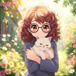 anime girl with curly brown hair wearing black round glasses, holding a white cat in her arms, set in a serene and tranquil environment, with an enchanting expression on her face, surrounded by a whimsical garden with vibrant flowers and soft sunlight filtering through the leaves