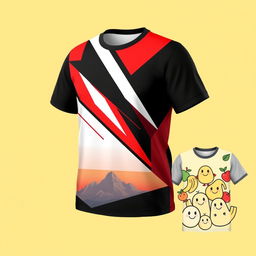 A designed t-shirt featuring an abstract geometric pattern, using bold and contrasting colors such as red, black, and white