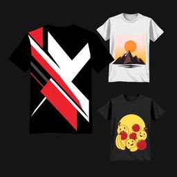 A designed t-shirt featuring an abstract geometric pattern, using bold and contrasting colors such as red, black, and white