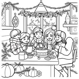 Black and white coloring book images capturing the cozy essence of fall transitioning into winter festivities