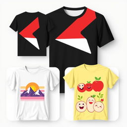 A designed t-shirt featuring an abstract geometric pattern, using bold and contrasting colors such as red, black, and white