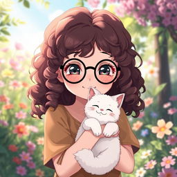 anime girl with curly brown hair wearing black round glasses, holding a smiling white cat in her arms, set in a serene and tranquil environment, with a cheerful expression on her face, surrounded by a whimsical garden with vibrant flowers and soft sunlight filtering through the leaves