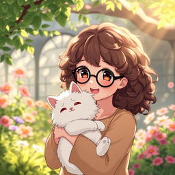 anime girl with curly brown hair wearing black round glasses, holding a smiling white cat in her arms, set in a serene and tranquil environment, with a cheerful expression on her face, surrounded by a whimsical garden with vibrant flowers and soft sunlight filtering through the leaves