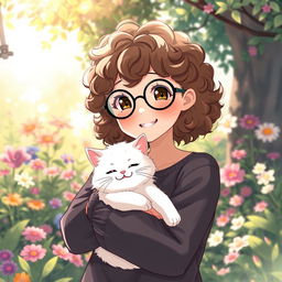 anime girl with curly brown hair wearing black round glasses, holding a smiling white cat in her arms, set in a serene and tranquil environment, with a cheerful expression on her face, surrounded by a whimsical garden with vibrant flowers and soft sunlight filtering through the leaves