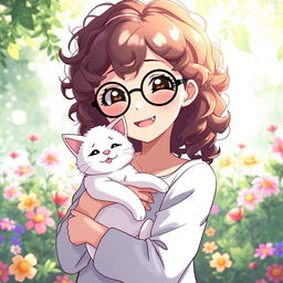 anime girl with curly brown hair wearing black round glasses, holding a smiling white cat in her arms, set in a serene and tranquil environment, with a cheerful expression on her face, surrounded by a whimsical garden with vibrant flowers and soft sunlight filtering through the leaves