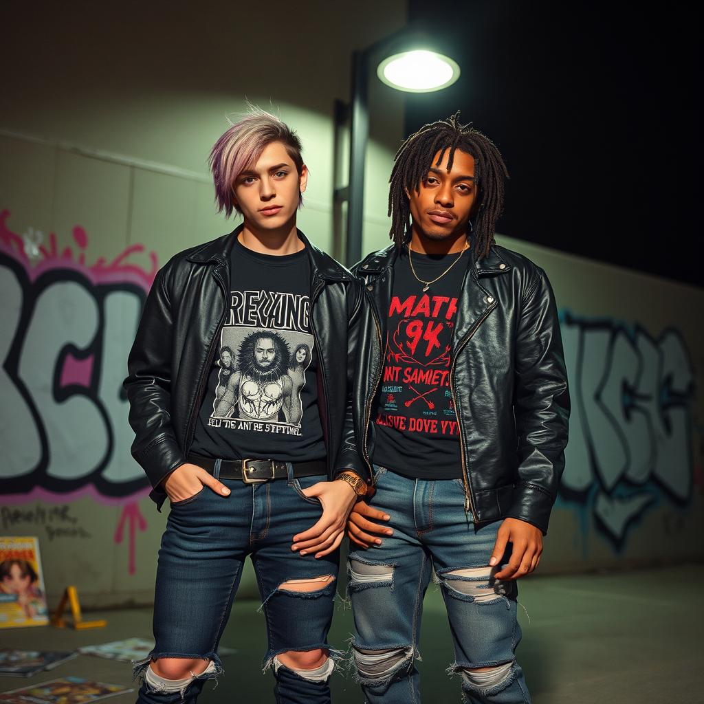 Two grunge friends standing together in an urban setting, wearing ripped jeans, band t-shirts, and leather jackets