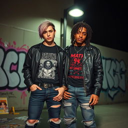 Two grunge friends standing together in an urban setting, wearing ripped jeans, band t-shirts, and leather jackets